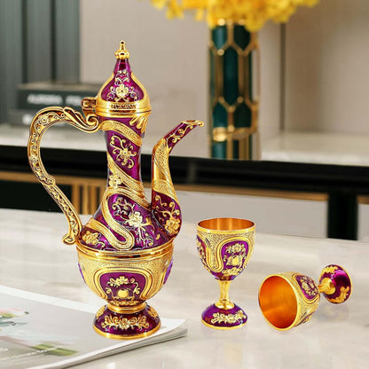 Vintage Turkish Coffee Pot and Cups Set,Tea Service Set Including Teapot,Tea Tray and Metal Cups for Wine Cabinet Decor,Wedding Ornaments (Gold and Purple)