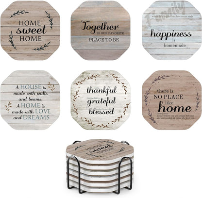 UMIRRO Rustic Farmhouse Coasters for Coffee Table Decor, Ceramic Coaster Set with Holder for Wooden Table, Cute Cup Coasters for Drinks Absorbent, Housewarming Gifts for New House/Home, 4", 6 Pack