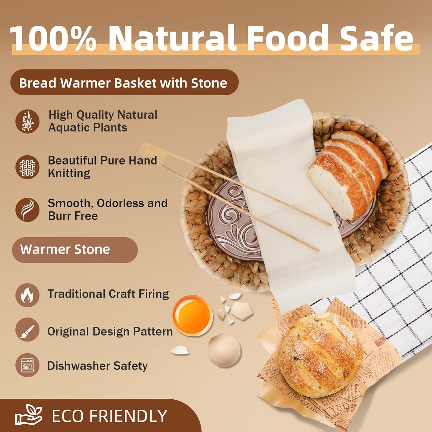 Bread Warmer Basket with Stone, Bread Baskets for Serving Tortilla,Bread Basket with Warming Stone, Ideal Bakers' Gift for Kitchen Lovers, Men & Women, New Homes, 1 Year Full Warranty