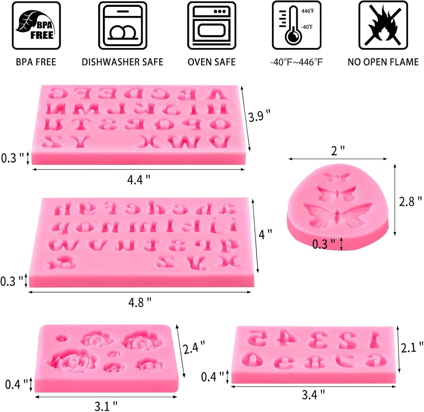 Silicone Letter Molds for Chocolate, 5 Pcs Number Alphabet Chocolate Molds Butterfly Rose Fondant Molds for Candy Treat Strawberry Cupcake Cake Decoration Clay Resin Candle Making