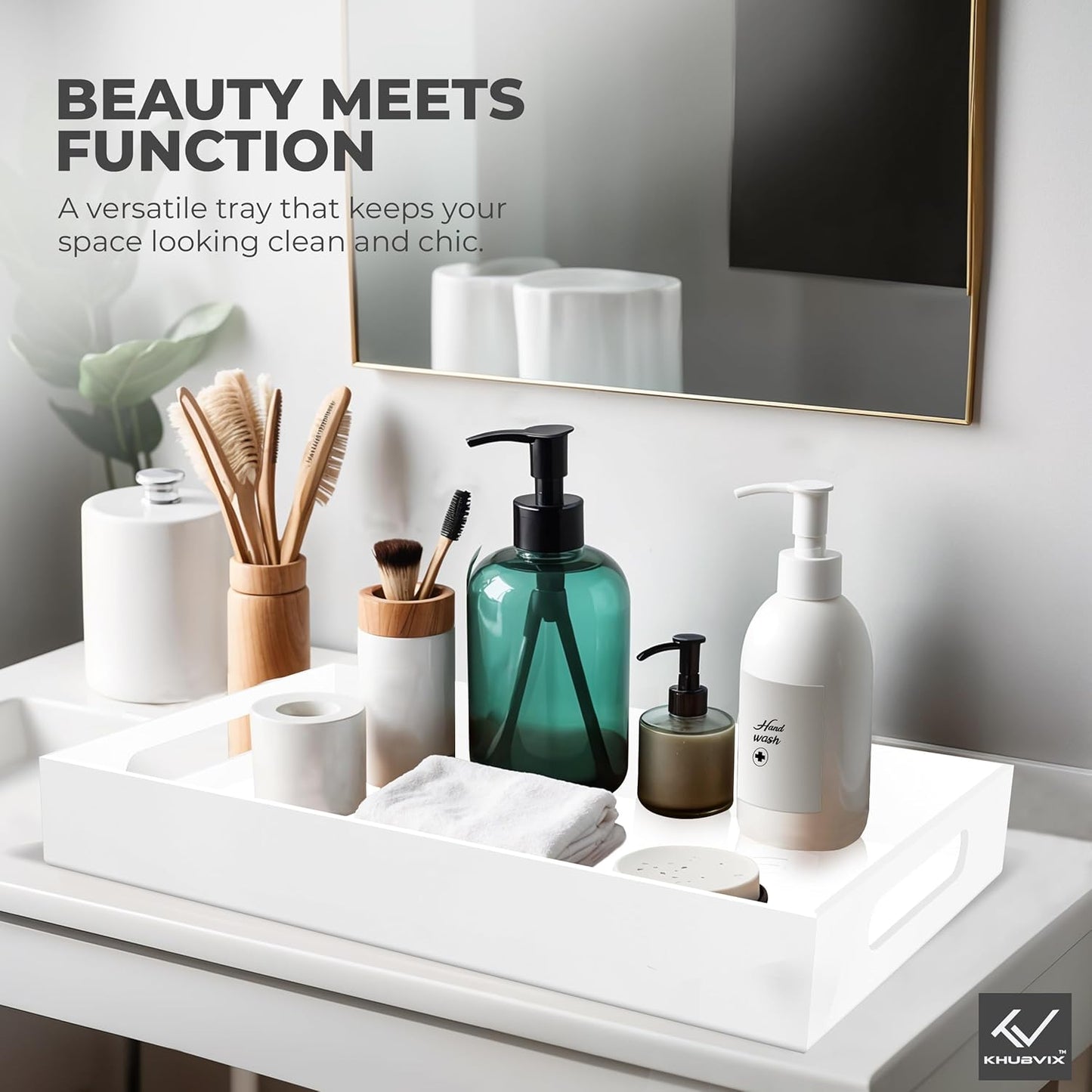 White Tray 16×12" with Cut Handles - Spill Proof Decorative Tray is an Ideal Countertop Organizer for Living Rooms, Ottoman Coffee Tables, Offices, Kitchens & Serving Guests