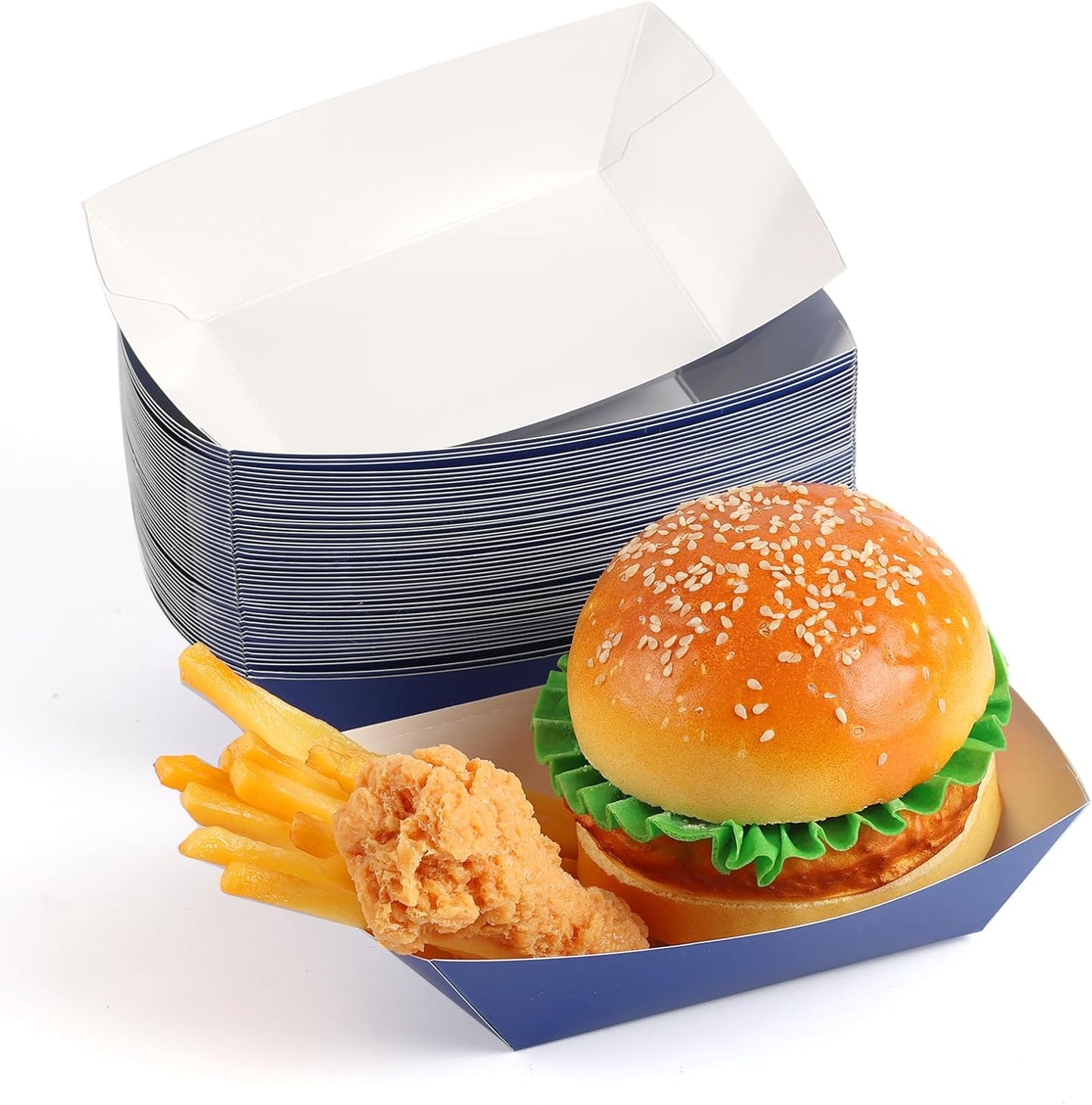 50 Pcs 2lb Paper Food Boat Trays Disposable，Snack Tray，Food Trays for Snack French Hot Dog Taco Popcorn Picnic party Wedding，Concession Stand Supplies (Blue)