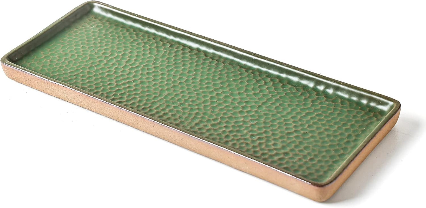 Vanity Tray with Brown Trim, Candle and Bathroom Organizer, Perfume Holder, Decorative Countertop Tray for Dresser, Table, Home Decor, Rectangular, Green, 12"4.7"