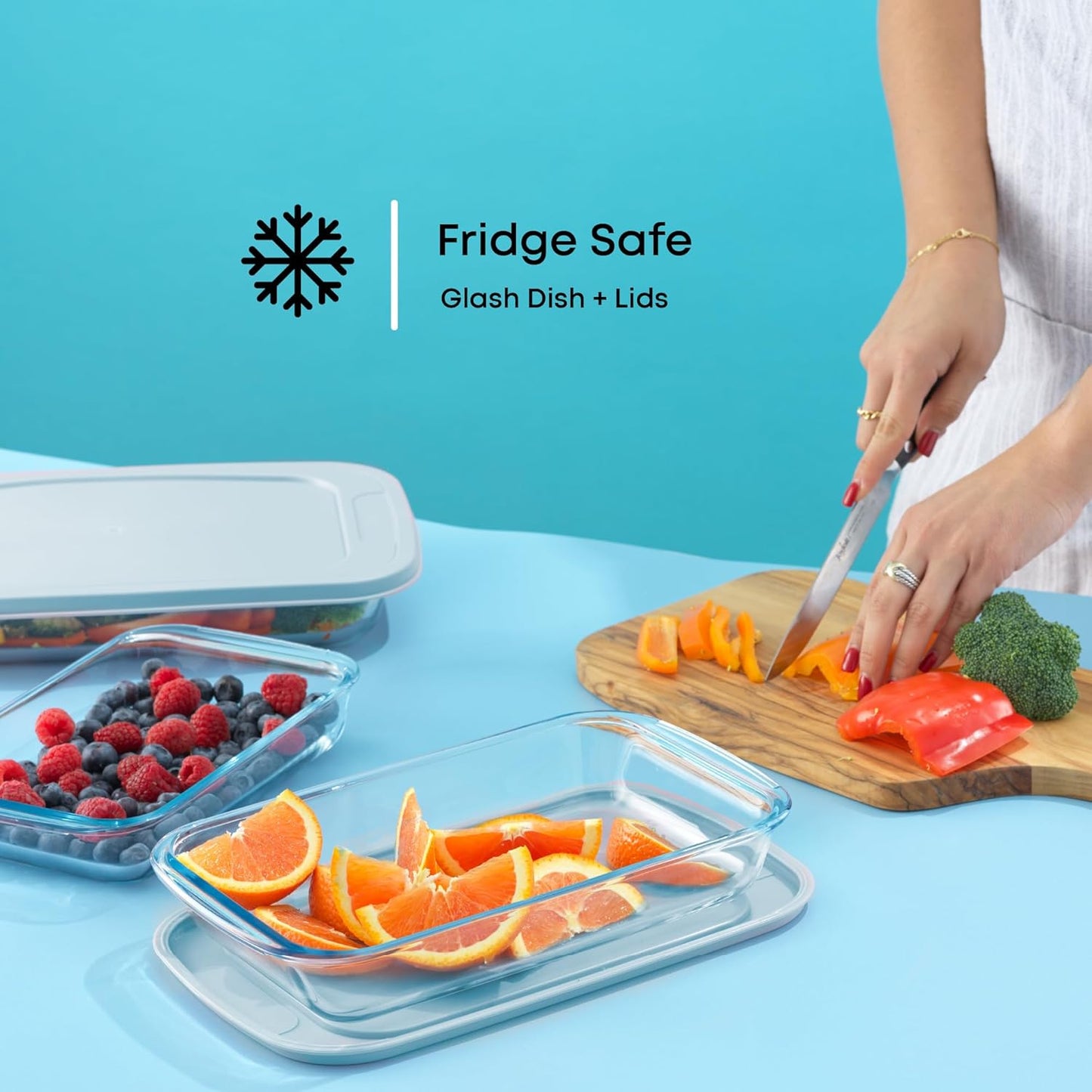 JoyJolt 8-Piece Borosilicate Glass Oven Dishes with Powder Blue Lids, Rectangle Deep Glass Baking Dish Set, Baking Pans for Lasagna Casserole Cake, Bakeware Set, Freezer to Oven Tray to Dishwasher