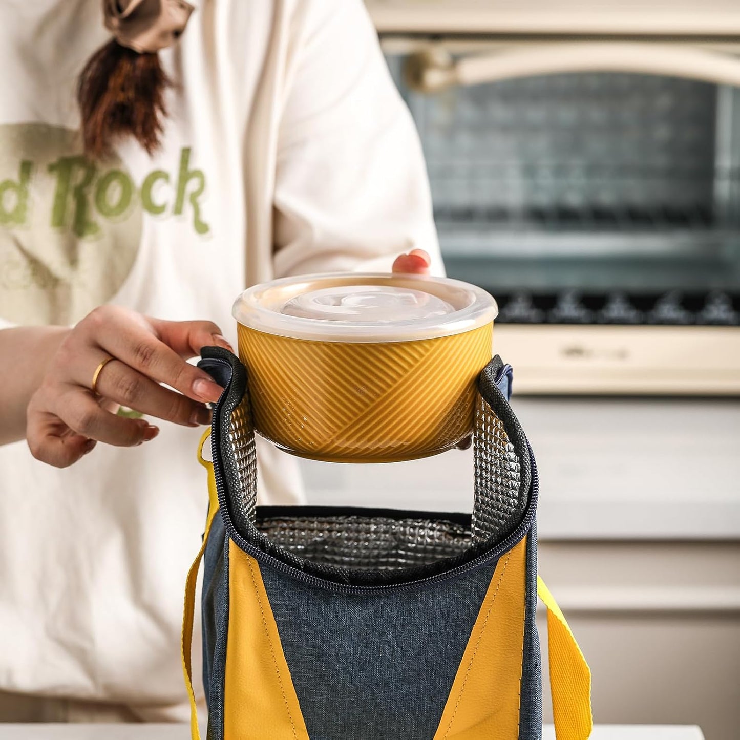 Ceramic Bowls with Lids: 20 oz Microwave Safe Food Storage Containers for Soup, Salad, Cereal, Leftovers, Meal Prep, Lunch, Picnic, Camping, Serving - Airtight, Yellow, Set of 4