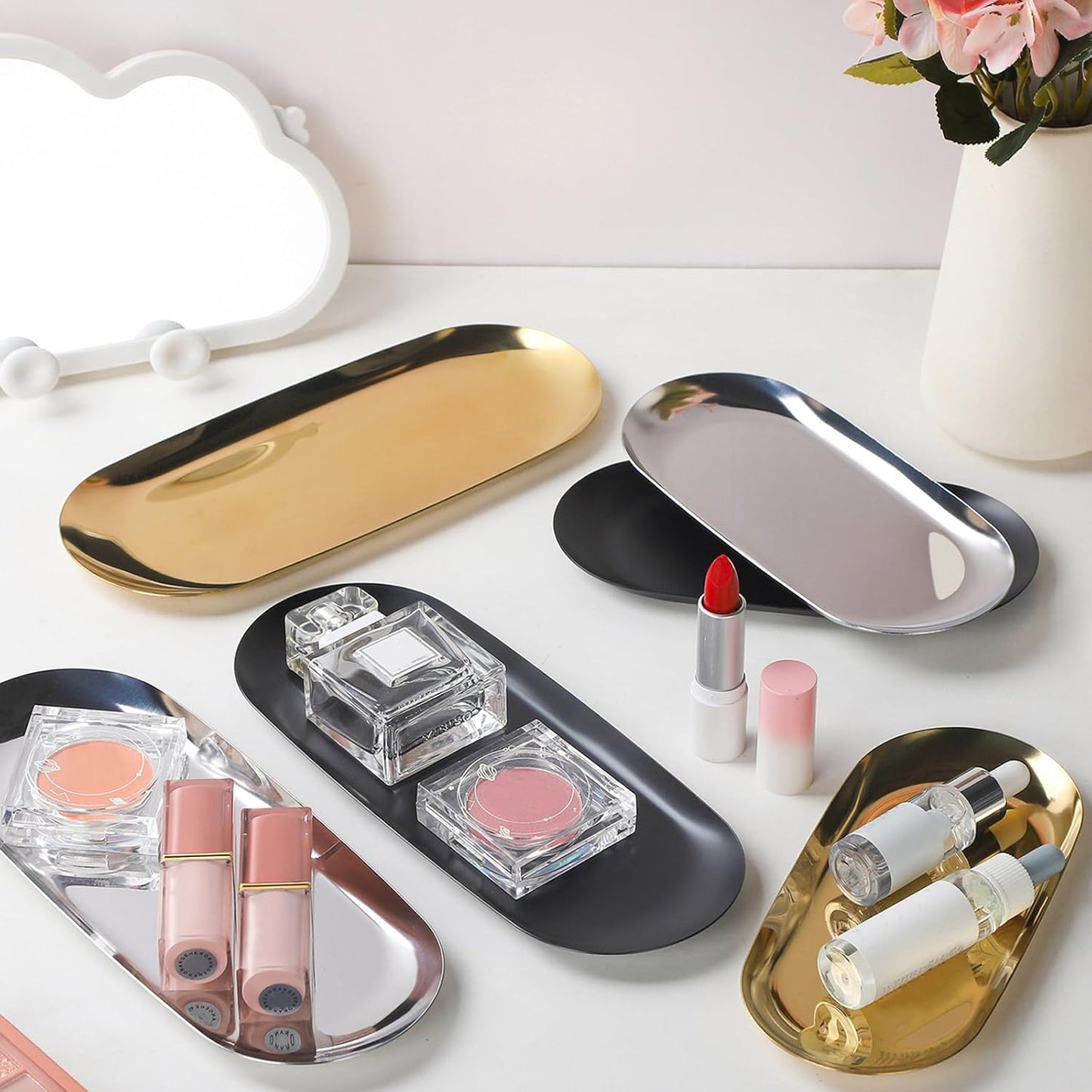 IBWell 2 pcs Gold Decorative Serving Tray for Bathroom, Small Jewelry Tray, Long Tray, Gold Jewelry Tray, Jewelry Bowl Dish Decorative Bathroom Tray-8.9”