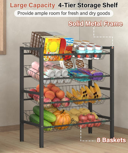 4-Tier Kitchen Storage Rack, Metal Pantry Storage Stand, Fruit Basket Stand with 8 Fruit Vegetable Baskets, Freestanding Snack Organizer Shelf Unit for Living Room, Office, Apartment, Black