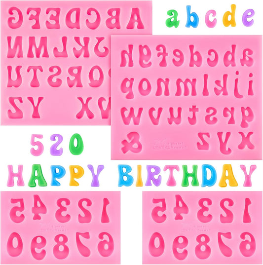4 PCS Silicone Letter Molds, Non-Stick Fondant Chocolate Molds 0-9 Numbers 26 Letters Candy Molds for Baking Dessert and Cake Decoration