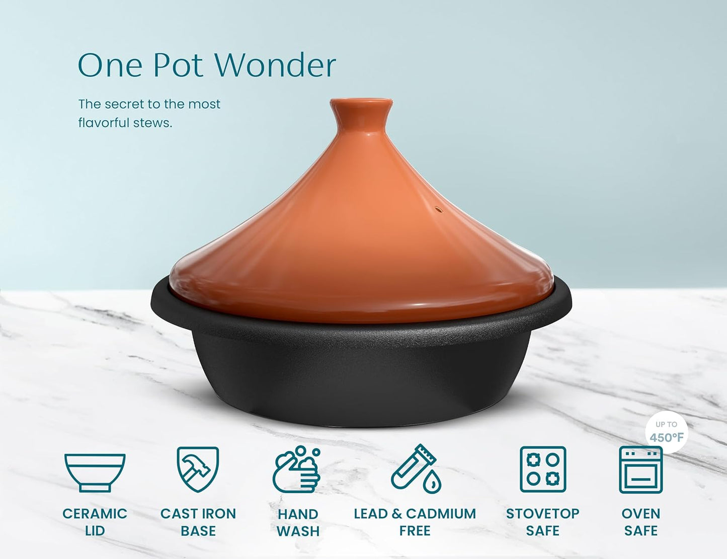 KooK Moroccan Tagine, Enameled Cast Iron Cooking Pot, Tajine with Ceramic Cone-Shaped Closed Lid, 3.3 QT, (Terracotta)