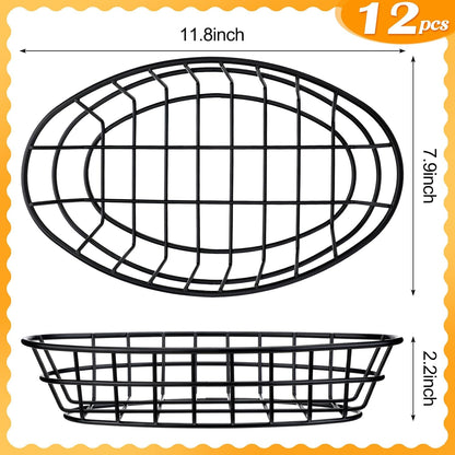 Hushee 12 Pcs Wire Bread Basket Black 11.8 x 7.9 x 2.2 Large Oval Metal Dinner Roll Baskets Bulk for Serving Fruit Bowl Storage with 50 Sheet Deli Wrapper Paper for Restaurant Kitchen Table Fast Food