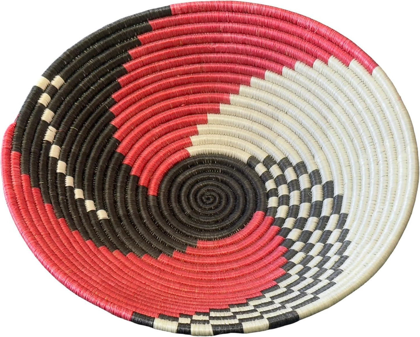 Handwoven African Basket Handmade sisal Fruit Bowl Wall Hanging decorative Baskets for Home Living Room Kitchen Centerpiece Zen Designs Arts and Crafts (Swirl Black Red, 10in diameter)