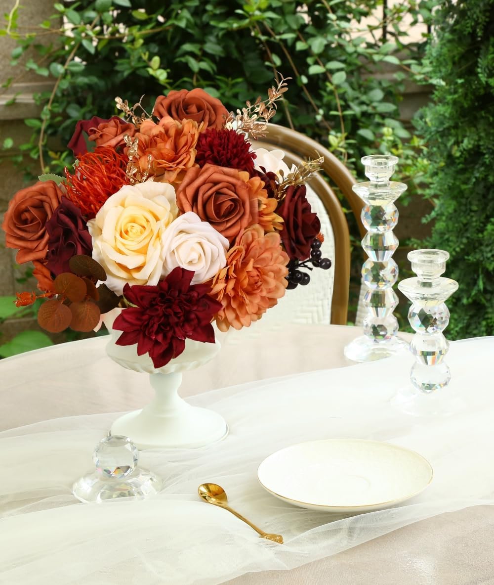 Artificial Flowers Combo Box for DIY Wedding Bouquet Arrangement, Silk Faux Flower for Bridal Table Centerpieces Party Cake Baby Shower（Orange & Burgundy）