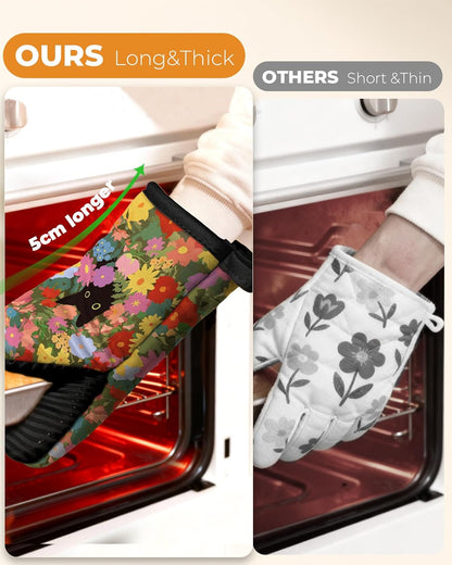 Slohif Cat Mini Oven Mitts Set – Black Extended Short Animal Heat Resistant Kitchen Gloves for Women, 100% Cotton Oven Mitts with Silicone Grips, Non-Slip and Thick Durable for Cooking & Baking