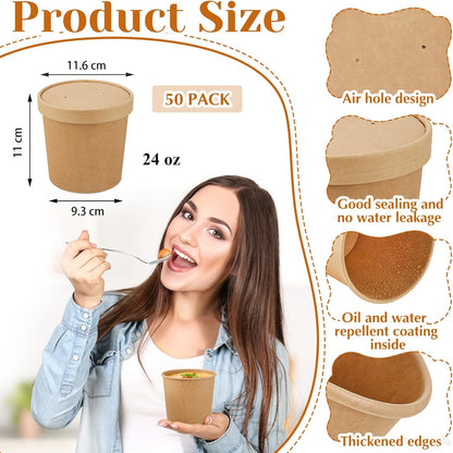 Sabary 50 Pack 24 oz Paper Soup Containers with Lid Disposable Kraft Soup Food Bowl Microwavable Food Storage Ice Cream Containers Nice for Restaurants(Brown)