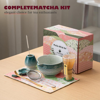 Matcha Tea Set, 8 Pcs Japanese Matcha Kit with Cherry Blossom and Wave Design Ceramic Bowl, Bamboo Whisk, Whisk Holder, Scoop, Sifter, Brush, Matcha Kit Set for Matcha Lovers (Blue Gradient)