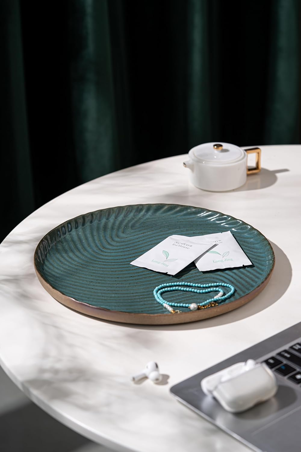 Vanity Tray with Brown Trim - Candle & Perfume Holder Organizer - Round, Green, 11"11" - Home Decor for Dresser, Table, Bathroom Countertop