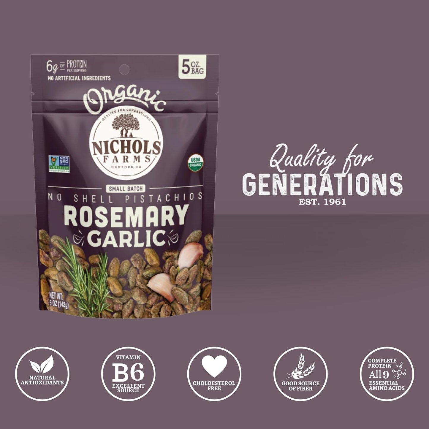 Nichols Farms Roasted with Sea Salt No Shell Pistachios, Kosher, USDA Certified Organic, Non-GMO, 6 Oz (Pack of 3)