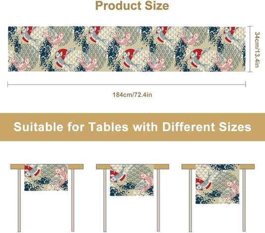 Japanese Kio Fish Table Runner, Line Art Colorful Janan Style Oriental Table Runner for Kitchen Study Living Room Home Bedroom, Gray 13x90 Inch