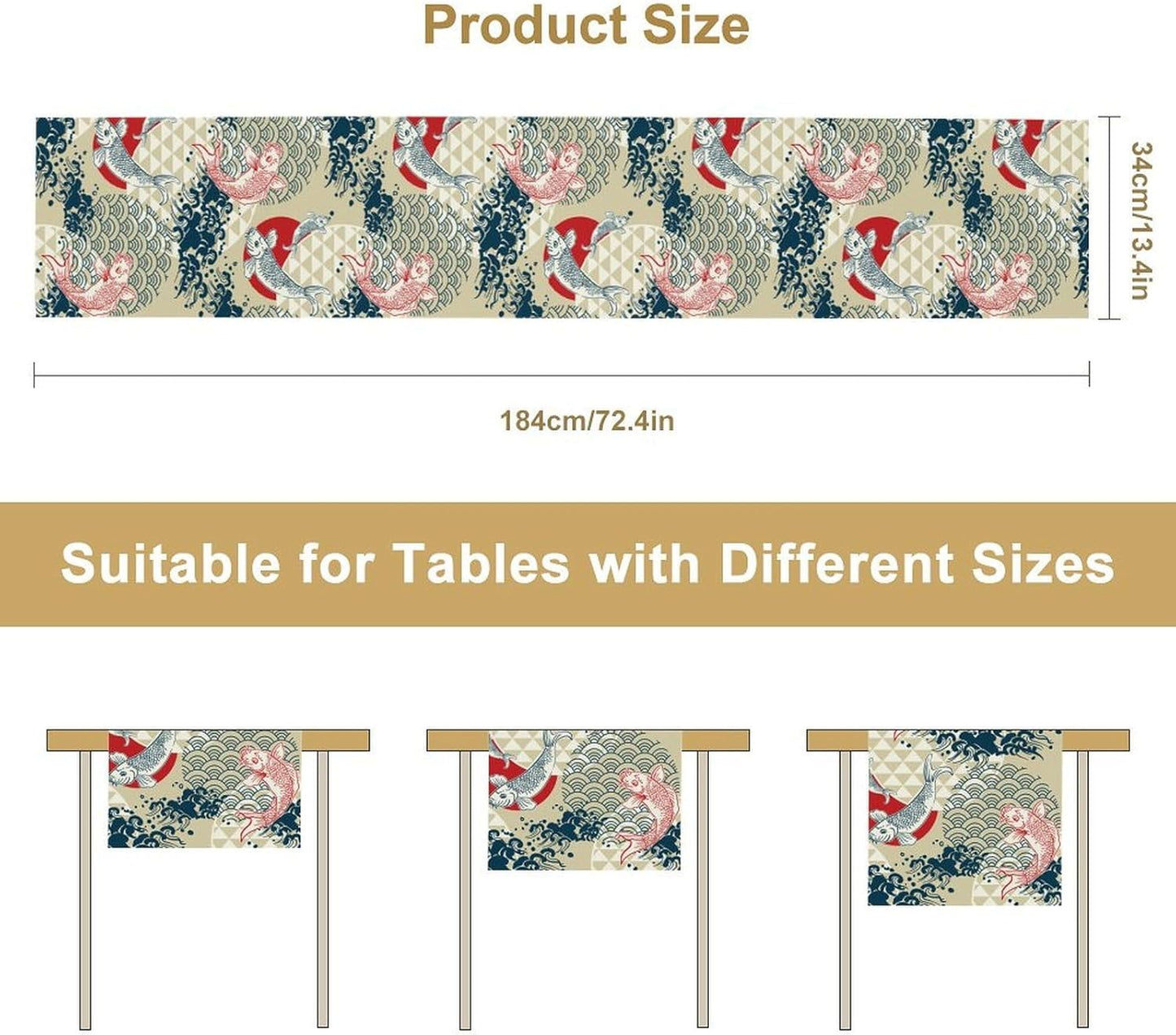 Japanese Kio Fish Table Runner, Line Art Colorful Janan Style Oriental Table Runner for Kitchen Study Living Room Home Bedroom, Gray 13x36 Inch