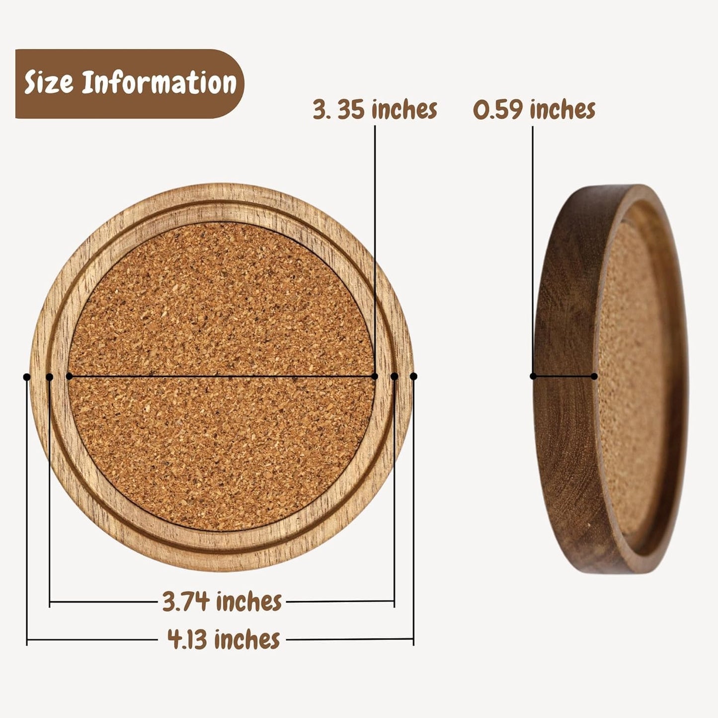 Wood Coasters for Drinks with Wooden Holder, Wooden Coaster with Cork for Tabletop Protection, Drink Coasters for Coffee Table, Desk, 4.13 Inch, Set of 6 (Rustic Coasters with Wooden Holder)