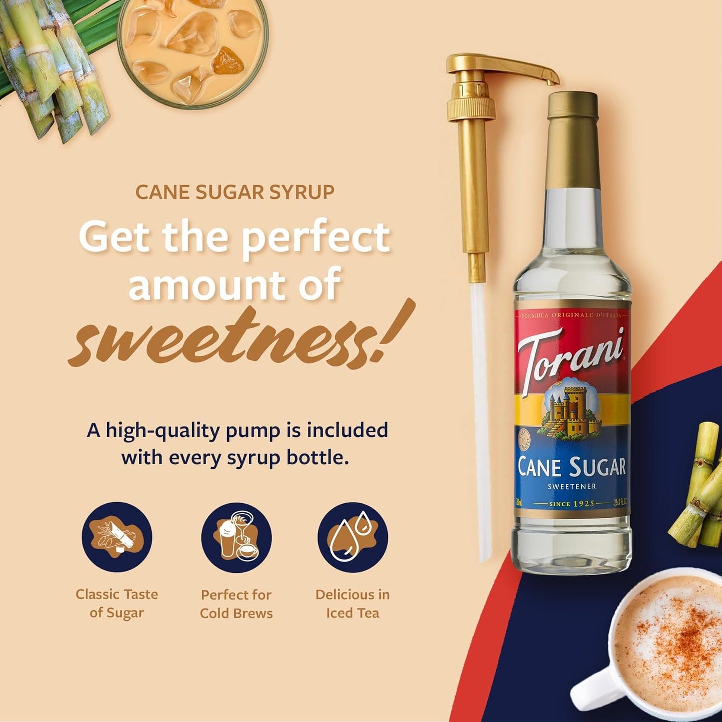 Torani Cane Sugar Sweetener, Simple Syrup for Drinks & Desserts, Pump Included, 25.4 Oz
