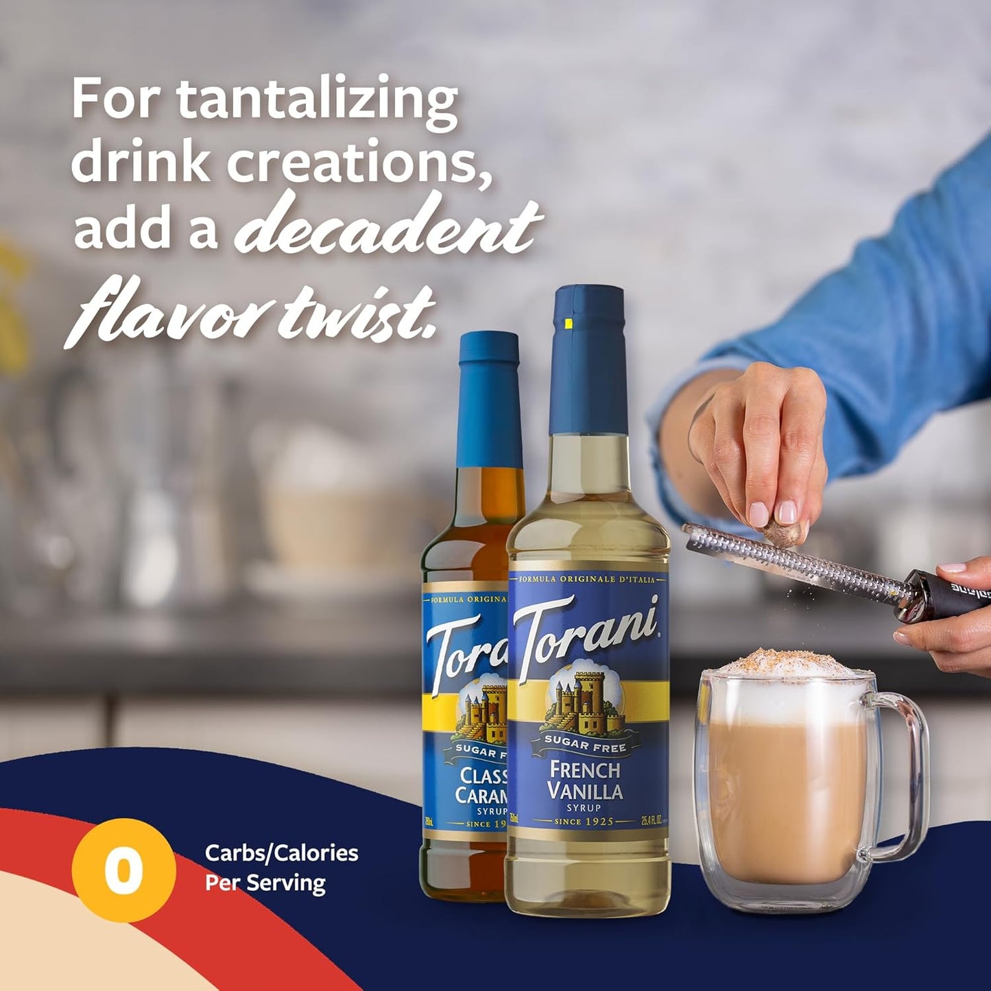 Torani Sugar Free Classic Caramel Syrup and Sugar Free French Vanilla Syrup Variety 2-Pack, Coffee Syrups for Drinks, Pumps Included, 25.4 Fl Oz Ea