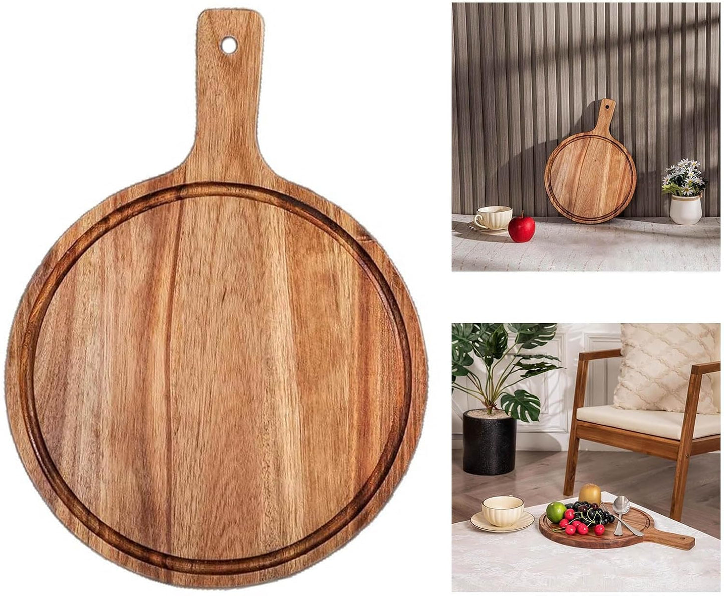 Pizza Cutting Board, Wood Charcuterie Boards, Round Cuttings Board for Woods Kitchen Utensils, Wood Cutting Board with Handle, Wooden Serving Tray for Pizza Bread Cheese Fruit Vegetables