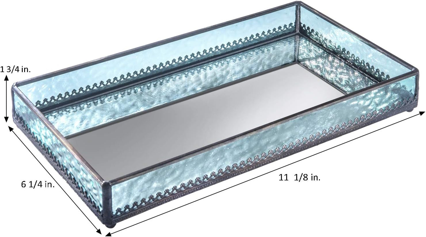 Turquoise Blue Glass Tray Mirrored Bottom Decorative Bathroom Vanity Cosmetic Makeup Organizer Jewelry Display Perfume Holder Dresser Home Décor Candle Tray Gift for Woman J Devlin Tra 126