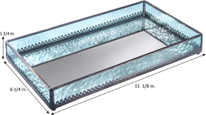 Turquoise Blue Glass Tray Mirrored Bottom Decorative Bathroom Vanity Cosmetic Makeup Organizer Jewelry Display Perfume Holder Dresser Home Décor Candle Tray Gift for Woman J Devlin Tra 126