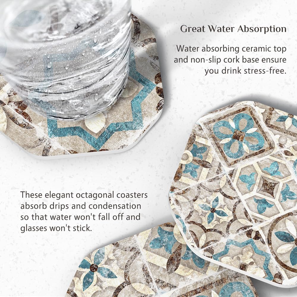 UMIRRO Drinks Coasters for Coffee Table Decor, Rustic Retro Boho Farmhouse Coasters, Absorbent Cup Mats for Wooden Table, Mandala Style, Unique Vintage Tile Design, Brown, 4", Set of 6