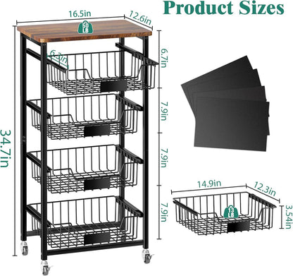 Kitchen Storage Cart with Wheels, 5-Tier Metal Utility Rolling Cart Fruit Vegetable Storage Basket Pantry Rack with Wood Top & Pull Out Baskets for Kitchen, Livingroom, Diningroom, Office
