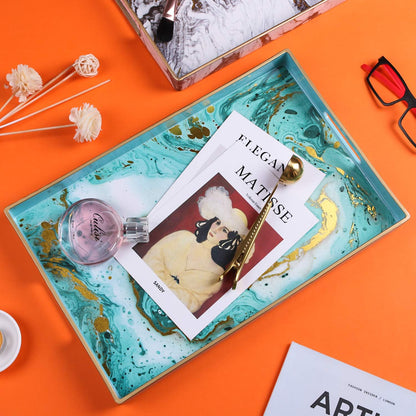 Zosenley Decorative Tray, Marbling Plastic Tray with Handles, Rectangular Vanity Tray and Serving Tray for Bathroom, Kitchen, Ottoman and Coffee Table, 15.6" x 10.2" (Golden Blue)