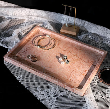 Real Luxurious Natural Marble Vanity Tray Genuine Marble Storage Tray for Home Decor Stone Tray for Bathroom/Kitchen/Vanity/Dresser Non-Resin/Non-Ceramic/Cream Rose
