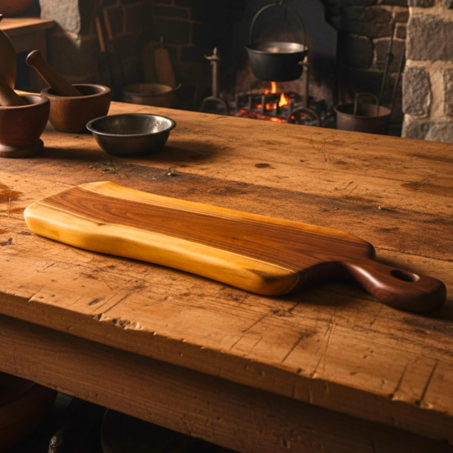 Handmade Live Edge Walnut Cutting Board & Serving Tray – 24"x7.5" Solid Wood Board with Curved Handle, Hanging Hole & Food-Grade Wax Finish