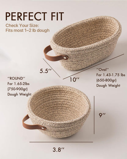 Crispier Crust Cotton Rope Banneton Bread Proofing Basket Set, Oval & Round Bread Baskets with Liners & Covers for Artisan Bread Baking, Sourdough Bread Baking Supplies(Natural)