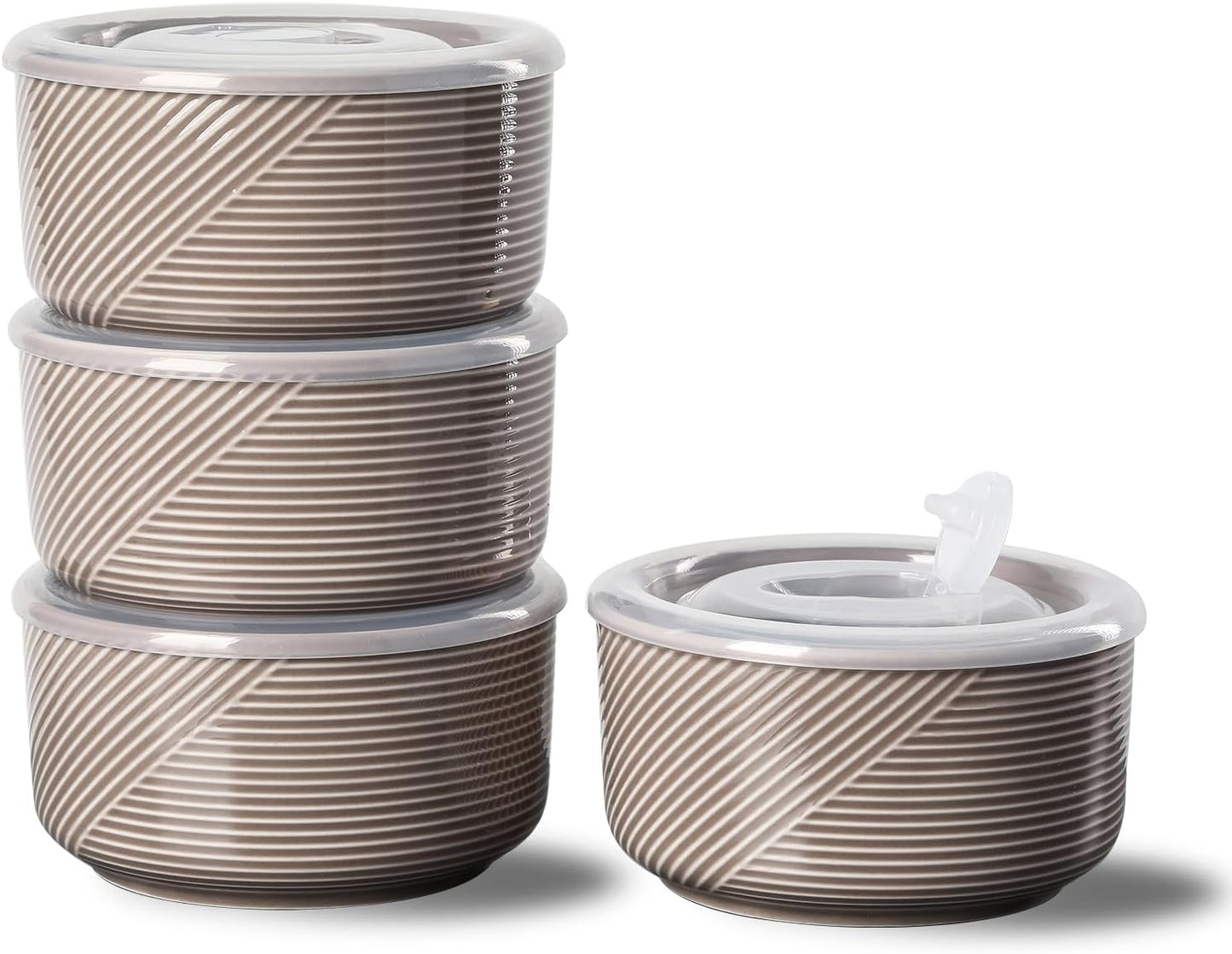 Ceramic Bowls with Lids: 20 oz Microwave Safe Food Storage Containers for Soup, Salad, Cereal, Leftovers, Meal Prep, Lunch, Picnic, Camping, Serving - Airtight, Grey, Set of 4