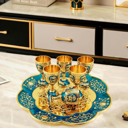 Vintage Turkish Coffee Pot and Cups Set,Tea Service Set Including Teapot,Tea Tray and Metal Cups for Wine Cabinet Decor,Wedding Ornaments (Gold and Blue)