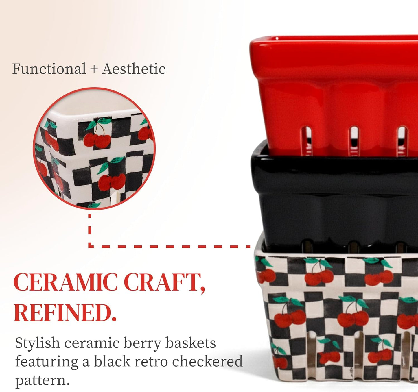 BIEN BEAU Ceramic Berry Basket -Checkered black and White with red Cherries pattern-Colander -Modern Kitchen Decor Fruit Bowls - Checkerboard Fruit Baskets, Farmer's Market Harvest Bowls Set of 4