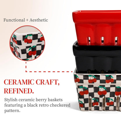 BIEN BEAU Ceramic Berry Basket -Checkered black and White with red Cherries pattern-Colander -Modern Kitchen Decor Fruit Bowls - Checkerboard Fruit Baskets, Farmer's Market Harvest Bowls Set of 4