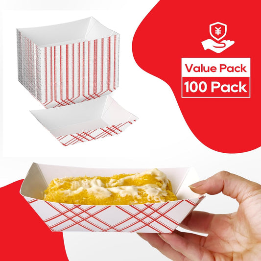ECOLipak 100 Pack 2lb Paper Food Tray Red, Disposable Paper Food Boats, Food Holder Trays, Serving Boats for Taco Snack Nacho Hot Dog