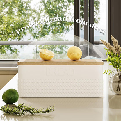 Bread Box for Kitchen Countertop - Metal Bread Storage with Bamboo Cutting Board Lid & Bread Knife, Corner Bread Container for Homemade Bread and Toast, White