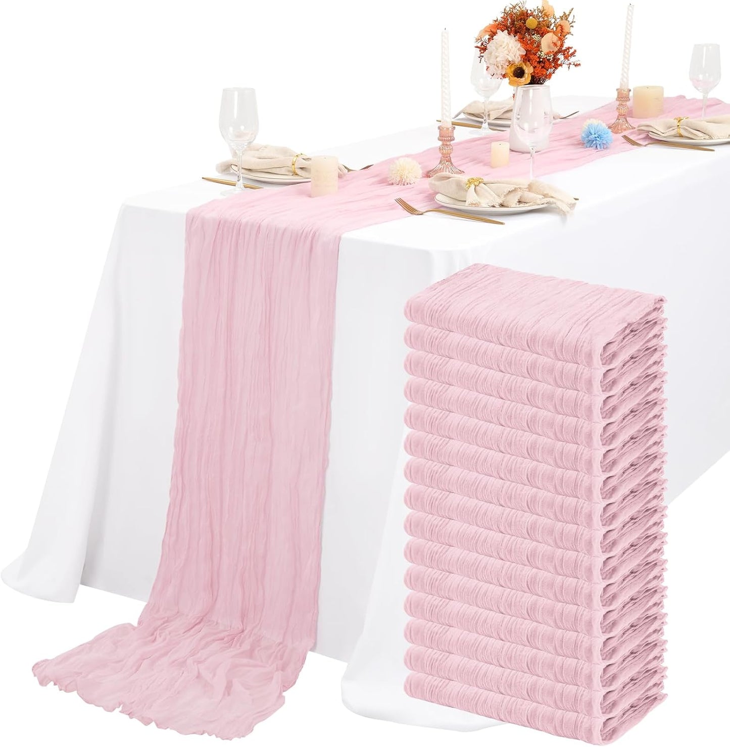 15 Packs Cheesecloth Table Runner Light Pink,10 Ft Rustic Gauze Boho Wedding Table Runner Decoration, Wedding Table Decor Table Cloth for Wedding Party Bridal Shower Table,21.5x120in