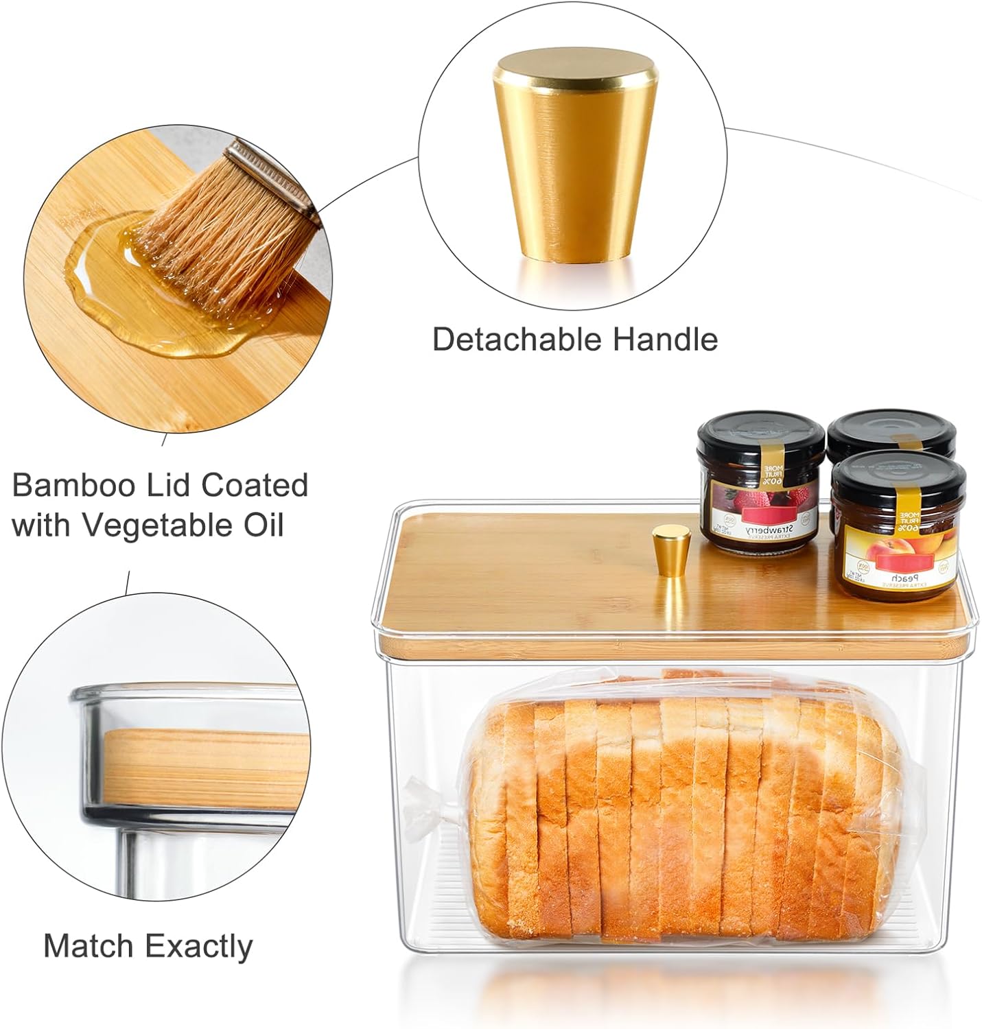 Hudgan Breadbox for Kitchen Countertop, Bread Storage Container with Bamboo Lid for Homemade Bread,Toast, Bagel, Donut, Cookies and Baguette, Large Corner Breadbox Keeper for Muffin