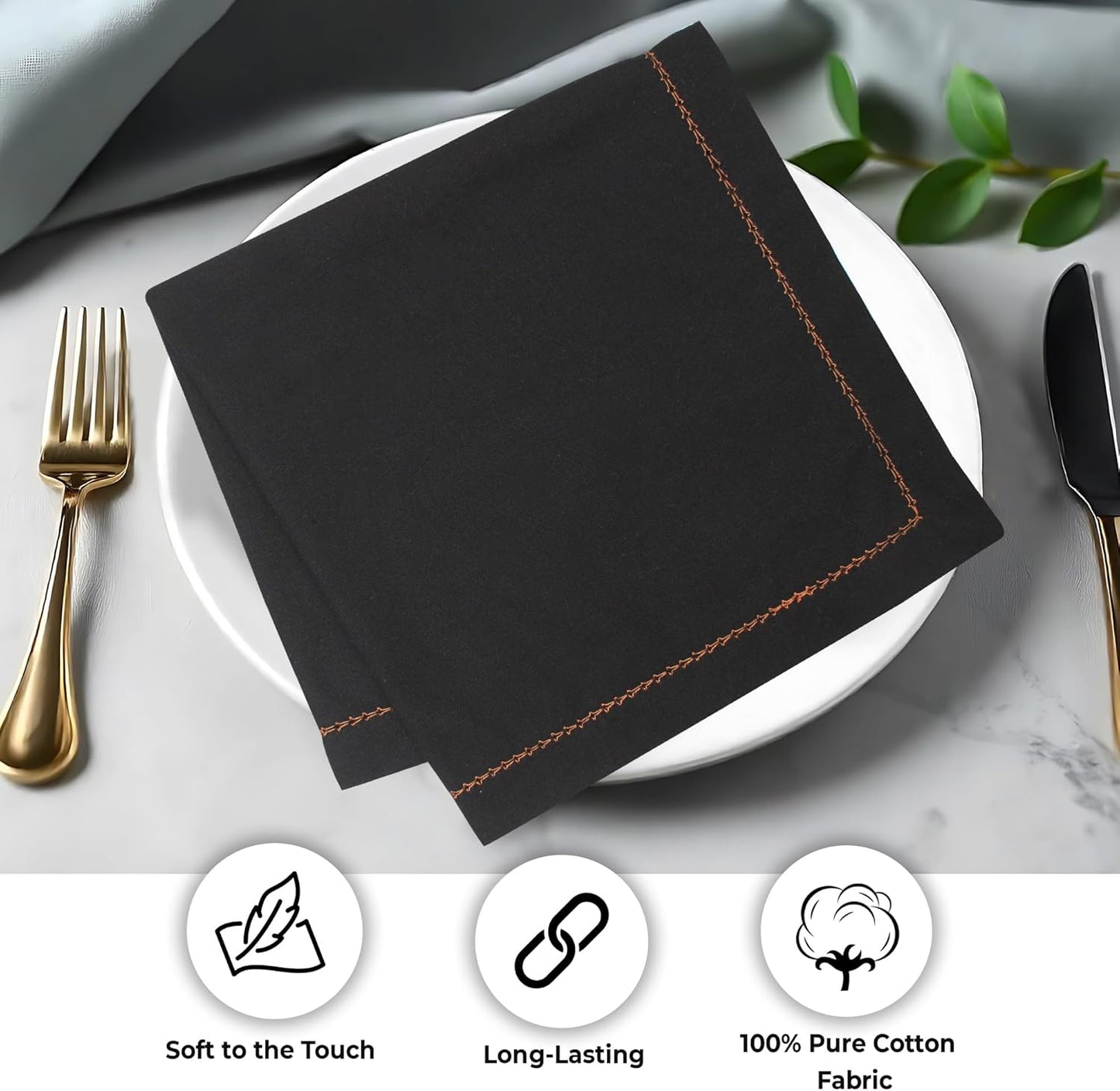 Urban Villa Cloth Napkins Set of 12 20"x20" 100% Cotton Hemstitch Napkins Cloth Washable Durable Reusable Absorbent Table Dinner Napkins Cloth for Hotel Lunch Restaurant Weddings Parties –Black Orange