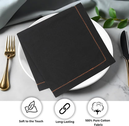 Urban Villa Cloth Napkins Set of 12 20"x20" 100% Cotton Hemstitch Napkins Cloth Washable Durable Reusable Absorbent Table Dinner Napkins Cloth for Hotel Lunch Restaurant Weddings Parties –Black Orange