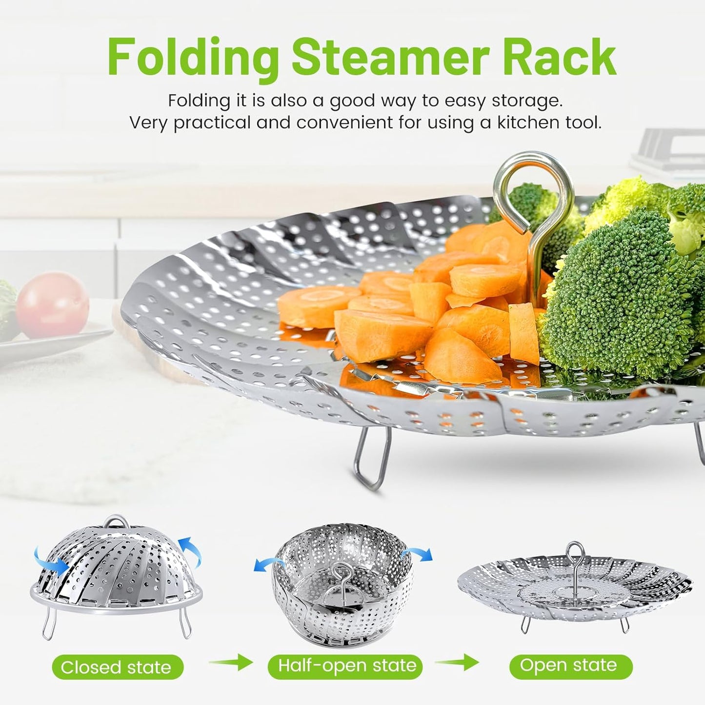 Vegetable Steamer Basket, Premium Stainless Steel Veggie Steamer Basket - Folding Expandable Steamers to Fits Various Size Pot (Extra Large (6.5" to 11"))