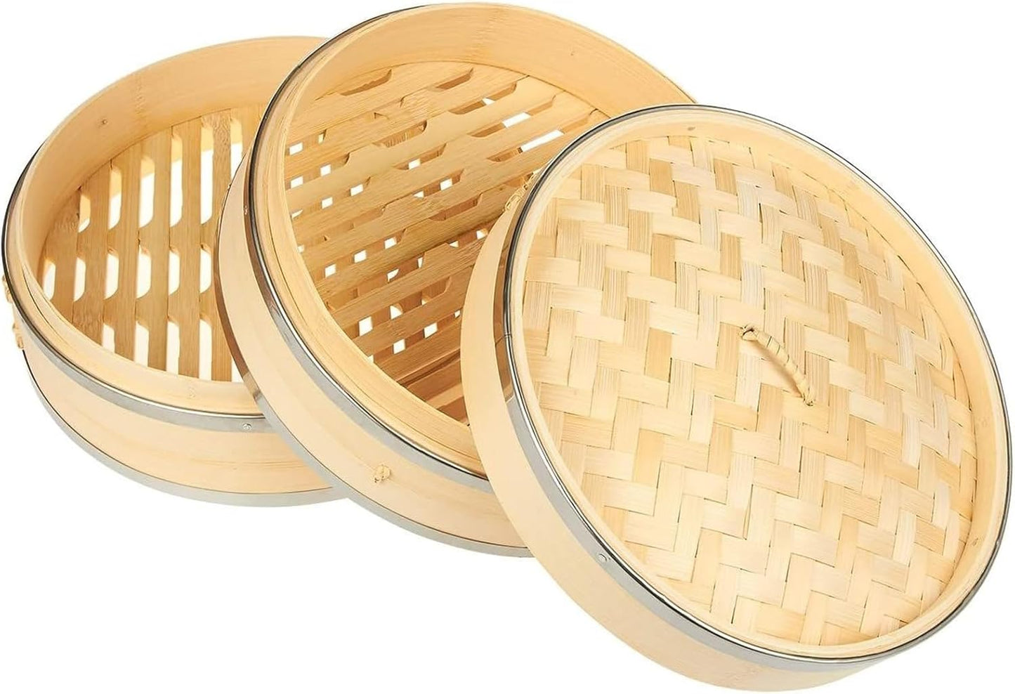 Juvale 2-Tier Steamer Pot Insert with Steel Rings - 10" x 6.5", Beige - Bamboo & Steel Stackable Basket for Rice & Dumpling Steamer for Vegetables