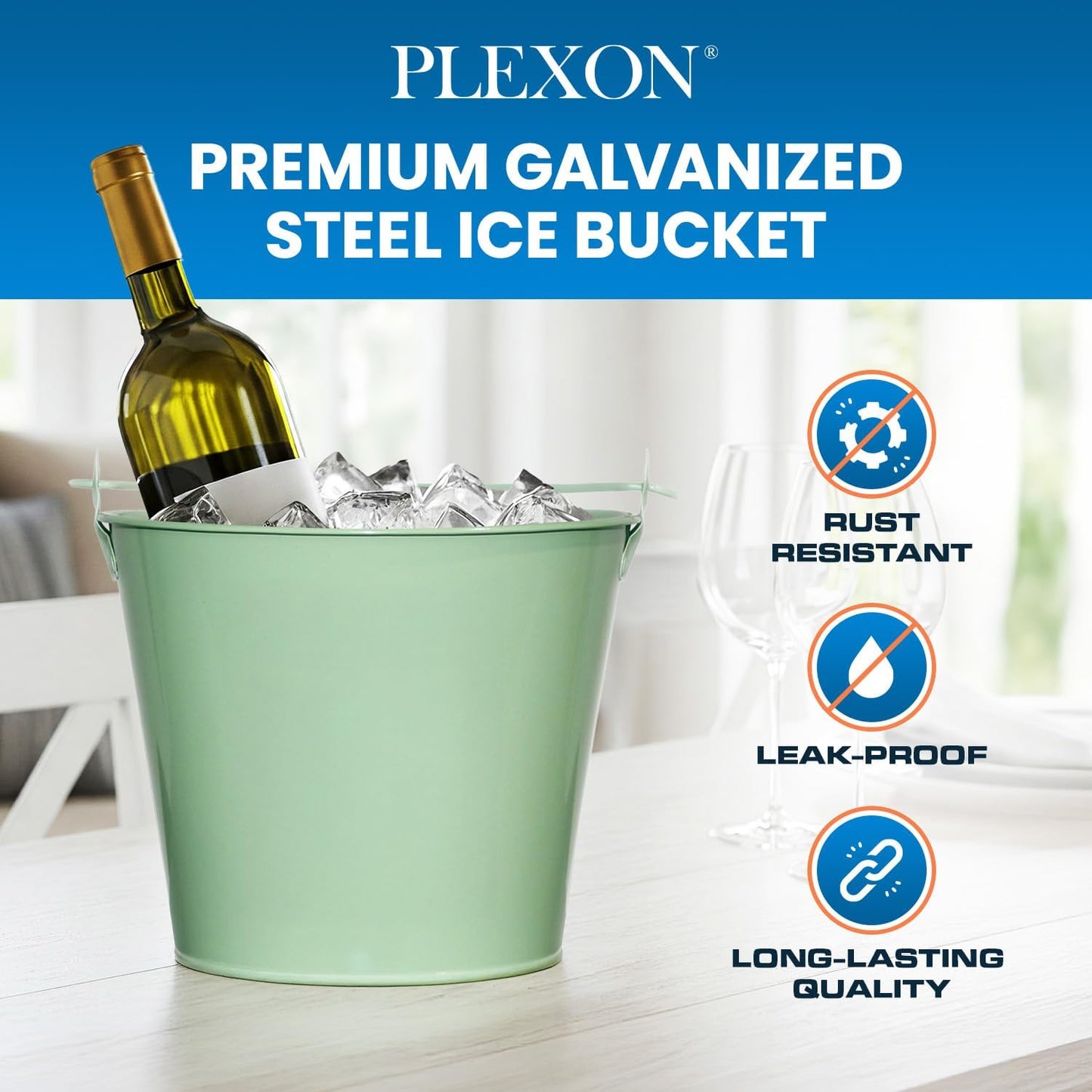 PLEXON Galvanized Metal Ice Bucket for Parties Coctail Bar Restaurant - Drink Beer Champagne Metal Pail Bucket with Handle, Beverage Chiller Cooler Small 1.3 Gallon, Green, Set of 6