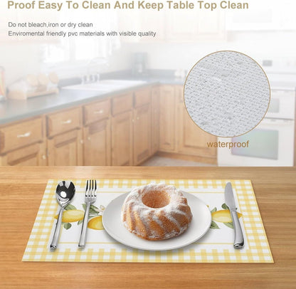 Yellow Lemon Placemats Set of 4, 12x18 Inch Summer Fruits Buffalo Plaid Floral Farmhouse Seasonal Spring Holiday Coffee Table Mats for Party Kitchen Dining Decoration