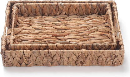 Water Hyacinth Rectangular Serving Tray for Coffee Table Natural Storage Baskets with Handles for Home and Kitchen Decor Set of 2